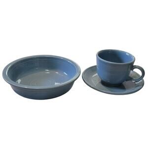 Fiesta Ware Periwinkle 3pc Set Cup Saucer Bowl Retired Blue Color USA Made HLC